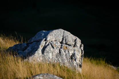 Stijena na planini. Veliki kamen na padini brda.