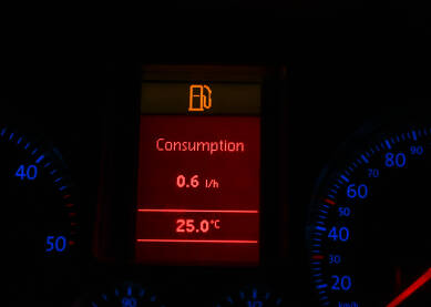 Instrument tabla automobila prikazuje potrošnju goriva u praznom hodu i vanjsku temperaturu. Krupni plan kontrolne table vozila koji prikazuje potrošnju goriva po satu.