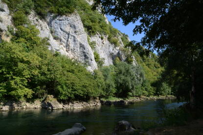 Visoke stijene uz rijeku Vrbas, Banja Luka. Hladna i brza rijeka, drveće na stijenama.