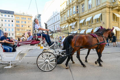 Beč, Austrija: Konji i kočije u centru grada. Turisti istražuju grad.