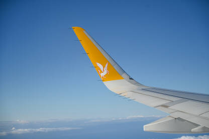 Pegasus Airlines, simbol aviokompanije na krilu aviona u letu. Pegasus ili Flypgs je turska niskotarifna avio kompanija.