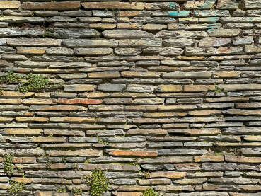 Zid napravljen od kamenih pločica. Stari zid zarastao u travu. Zapušten zid u dvorištu.