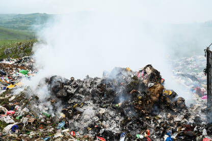 Otvorena deponija sa zapaljenim otpadom. Divlje deponije smeća u blizini grada. Dim iz deponije zagađuje okoliš. Zagađenje zraka. Ekologija.