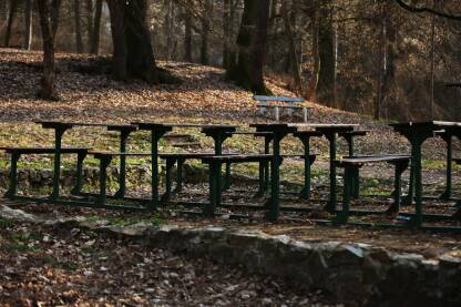 Klupe i stolovi kao ucionica u parku u prirodi, opalo lisce, bez ljudi, zimski period sa malo sunca