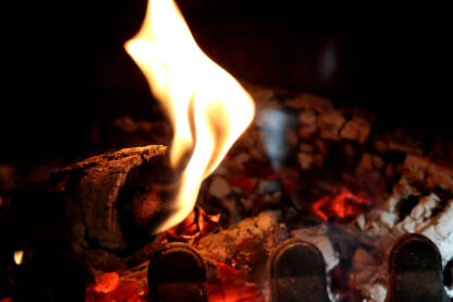 Vatra u kaminu, plamen, drvo i pepeo