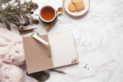 Pisanje dnevnika u kućnoj atmosferi uz predmete za opuštanje, čaj i keksiće. Pape pokućnice gvaša kamen za masažu lica
