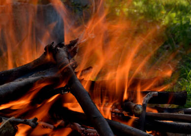 Krupni plan logorske vatre sa travom u pozadini i zapaljenim drvetom i pepelom, duga ekspozicija