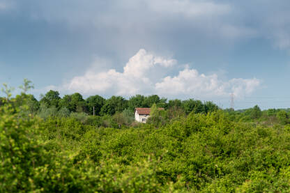 Kuća u prirodi i veliki bijeli oblak na nebu
