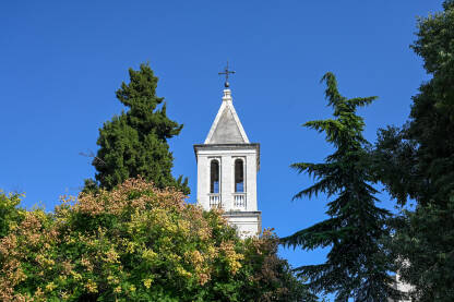 Zvonik stare crkve među krošnjama drveća. Katolička crkva.