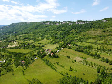 Prekrasna zelena brda, polja i šuma u rano proljeće. Snimke prirode na selu dronom.