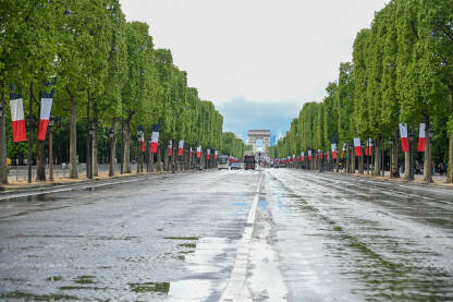 Pariz, Francuska: Avenija Champs-Élysées. Poznata avenija proteže se od Slavoluka pobjede do Trga Concorde. Mnogo zastava Francuske na ulici.