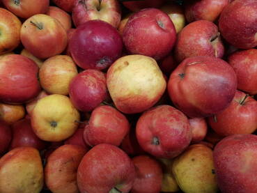 Crveno - žute jabuke sorte gala u gajbi na polici u marketu; prodaja jabuka;