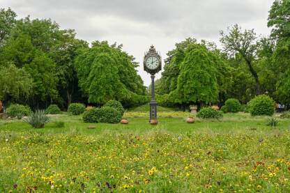 Park pun drveća i zelenila Sat unutar parka. Gradsko zelenilo, urbano zelenilo. Zelena oaza unutar grada. Bukurešt, Rumunija.