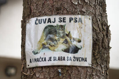 Znak na drvetu: čuvaj se psa a i mačka je slaba sa živcima.