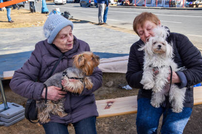 Dvije starije žene sa kućnim ljubimcima na granici Ukrajina-Slovačka. Izbjeglice iz Ukrajine sa svojim psima.