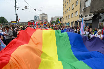 Sarajevo: Povorka ponosa 2024. LGBTIQ zastave i transparenti. Ljudi na protestu na ulici.