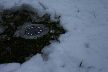 solarna lampa na travi i cvet, sneg