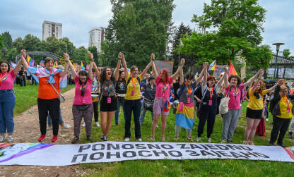 Dio Organizacionog odbora Bh. povorke ponosa u Sarajevu, 24. jun 2023. Protest za prava LGBTIQ zajednice.